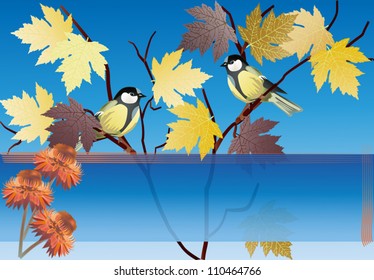 illustration with two tits on golden maple