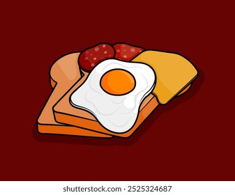 illustration of two toasts with cheese topping, half cooked eggs and pieces of red slice ham sausage in line art style. Can be used for restaurants, cafes, local street food, cookbook menu covers