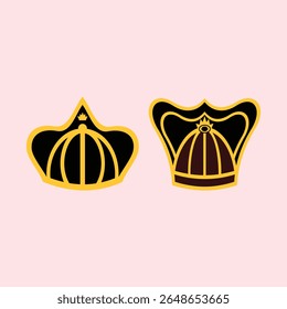 Ilustração de duas tradicionais coroas javanesas em preto, ouro e marrom, representando símbolos de grandeza, cultura e honra em nuances clássicas e elegantes.