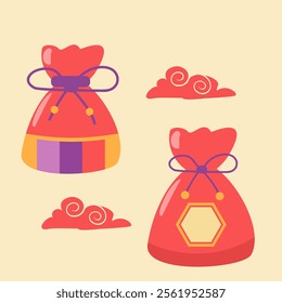 Illustration of two traditional Korean lucky bags, or bokjumeoni. These colorful bags, often filled with coins or other good luck symbols, are a beloved symbol in Korean culture.