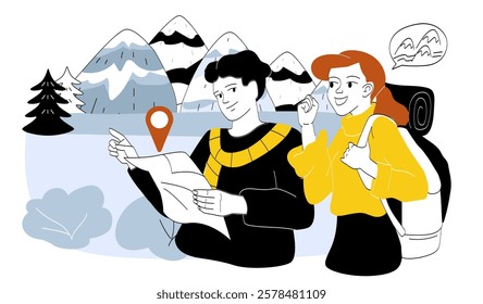 Illustration of two travelers with a map, surrounded by mountains and trees. Minimalist graphic style on white background. Concept of adventure and hiking. Vector illustration