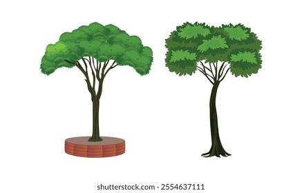 Illustration of two trees with dense green canopies, including one on a circular platform – ideal for landscape and nature-themed designs