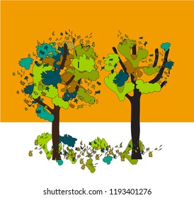 Illustration of two treetops with fallen leaves showing autumn atmosphere. It is vector drawing suitable for printing on the postcards or on other type of season gifts.