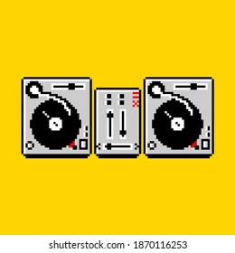 An Illustration of Two Turntables and a Mixer in 8bit Pixel Art Style