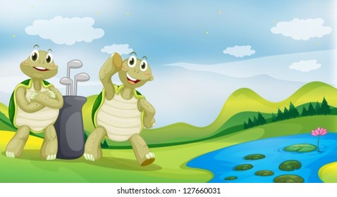 Illustration of two turtles near the river