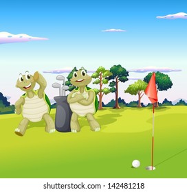 Illustration of the two turtles playing golf