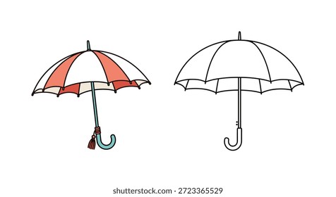 Illustration von zwei Regenschirmen mit einem bunten gestreiften Design und einer einfachen Line Art Version für Regenschutz.