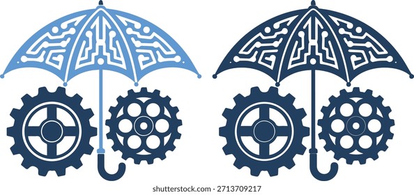 Uma ilustração de dois guarda-chuvas em azul claro e azul escuro com intrincados ícones de engrenagens no interior, sobre um fundo branco puro, representando mecânica complexa e proteção.