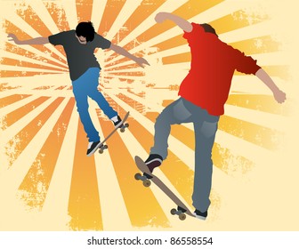 Illustration of two urban street skaters on an abstract grunge background.