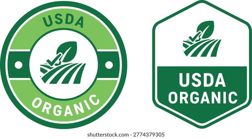 Illustration of two USDA organic certification logos in green, symbolizing natural and eco friendly agricultural products.