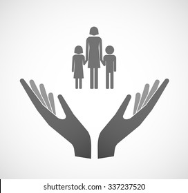 Illustration of two vector hands offering a female single parent family pictogram