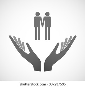 Illustration of two vector hands offering a gay couple pictogram