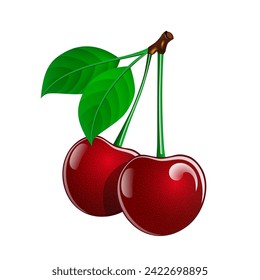 Illustration of two vector juicy cherries with leaves on a white background