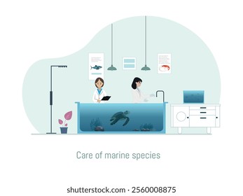 Illustration of two veterinarians in a specialized center for marine species care, working with a tank containing sea turtles and corals. Clinical environment equipped with marine life information.