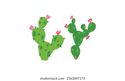 Illustration of two vibrant green cactus plants with pink flowers, drawn in a playful and minimalist cartoon style