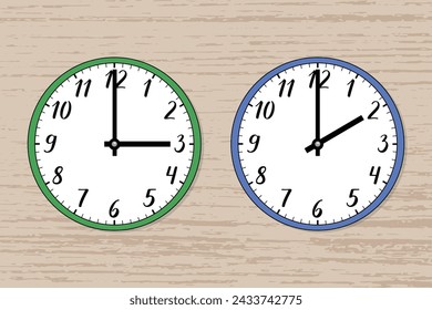 Illustration of two wall clocks on wood. The green one symbolizes summer, the blue one winter. Symbol of time change. Transition of time, the change to standart time. Moving the hands backward.