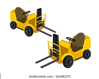 Illustration of Two Warehouse or Construction Forklift, Fork Heavy Machine, Fork Truck or Lift Truck For Lift and Transport Materials, Isolated on White Background 
