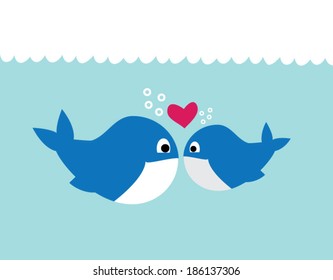 Illustration of Two Whales Swimming in the Ocean, Falling in Love