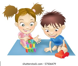 An illustration of two white children playing with toys.