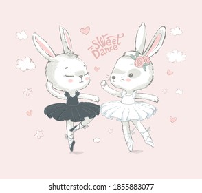 Illustration of two White dancing ballerina bunnyes. Little rabbits dancing girls over blue. Sweet Dance. Can be used for t-shirt print, kids wear fashion design