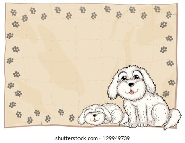 Illustration of two white dogs beside a frame on a white background