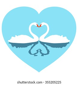 illustration of two white lovers swans in blue heart.