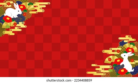 Illustration of two white rabbits and Japanese style decorative corner frames on red checkered background