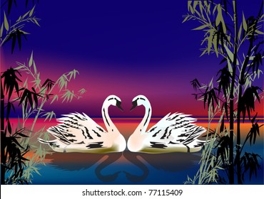 ilustración con dos cisnes blancos en el arbusto de bambú