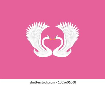 Illustration zweier weißer Schwäne, die sich gegenseitig gegenüberstehen und ihre Flügel flattern. Sein Hals bildet ein abstraktes Herzmuster.