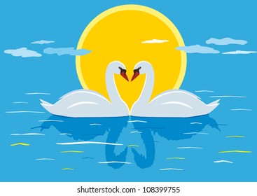 illustration of two white swans at sunset