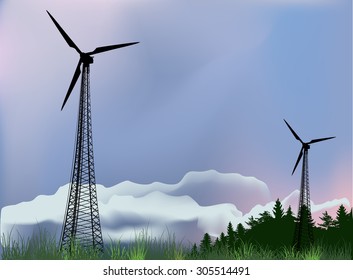 ilustração com duas silhuetas de gerador de energia eólica na paisagem rural