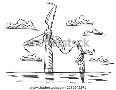 Illustration of two wind turbines in a simple black and white sketch. They stand against a backdrop of scattered clouds, with wavy lines suggesting wind.