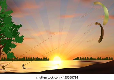 illustration with two windsurfers on lake at yellow sunset