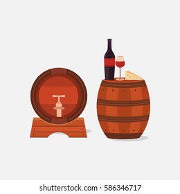 Illustration of two wine barrels isolated on a light background. Vector elements bottle, wineglass, cheese. Winemaking business. Wine cellar. Background for labels, tags, packaging, brochures.
