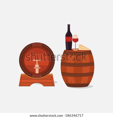 Illustration of two wine barrels isolated on a light background. Vector elements bottle, wineglass, cheese. Winemaking business. Wine cellar. Background for labels, tags, packaging, brochures.
