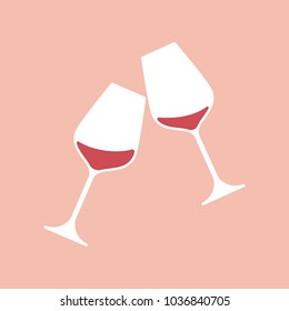 Illustration of two wine glasses filled with red wine on color background.