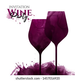 Illustration of two wine glasses with red wine stains, vector. Splashes of wine, liquid, drops, circles of glass. Drawing for wine designs. Event, party, presentation, promotion, menu, book cover.