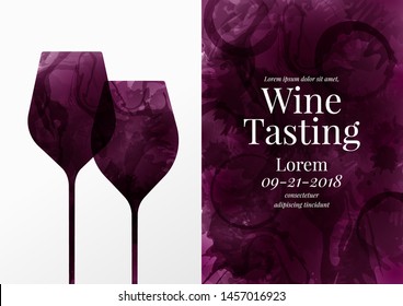 Illustration of two wine glasses with red wine stains. Background full of color with circles and wine drops. Idea for party or event invitation, brochure, wine list, promotion, tasting. Vector.