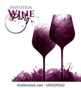 Illustration of two wine glasses with red wine stains, vector. nobody. Splashes of wine, liquid, drops, circles of glass. Drawing for wine designs. Event, party, presentation, promotion, menu.