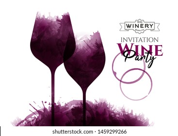 Illustration of two wine glasses with red wine stains, vector. Full glass. Splashes of wine, liquid, drops, circles of glass. Drawing for wine designs. Event, party, presentation, promotion, menu.