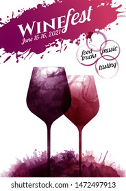 Illustration of two wine glasses with red and rose wine stains, vector. Splashes of wine, liquid, drops, circles of glass. Drawing for wine designs. Event, party, presentation, promotion, menu.