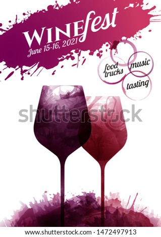 Illustration of two wine glasses with red and rose wine stains, vector. Splashes of wine, liquid, drops, circles of glass. Drawing for wine designs. Event, party, presentation, promotion, menu.
