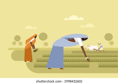 Illustration of  two woman planting seedlings and a man plowing the field with bullocks
