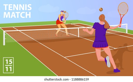 Illustration with two woman tennis players in tennis court. Tennis match sport concept. Vector flat art.