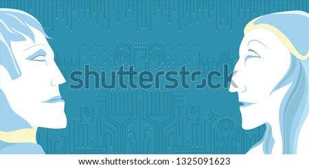Illustration of two woman's heads, profiles, in front of a blue background with electronic circuits