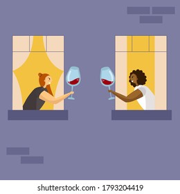 An illustration of two women chatting and drinking wine, standing at the window, in the middle of the night. Social distancing. Good neighbors. Vector illustration.