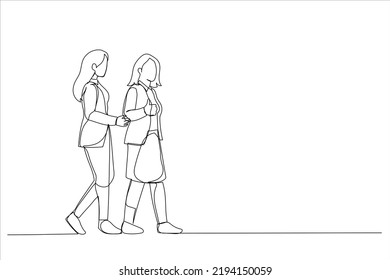 Illustration of two women commuting to the office in the day carrying office bags. One line art style
