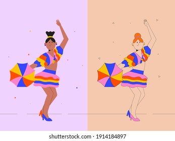 Ilustración de dos mujeres bailando un ritmo típico en Brasil llamado "Frevo" durante un evento de carnaval. Disfraz colorido. Diseño plano. 