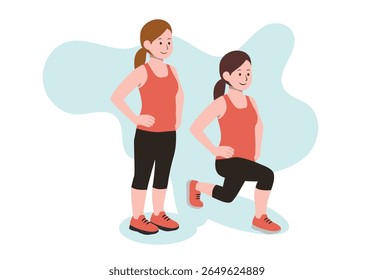 Ilustração de duas mulheres fazendo ginástica e exercício físico. Atividades de fitness, exercícios leves, rotinas saudáveis, treinamento de força.
