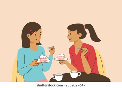 Illustration of Two Women Enjoying Cake in a Cafe